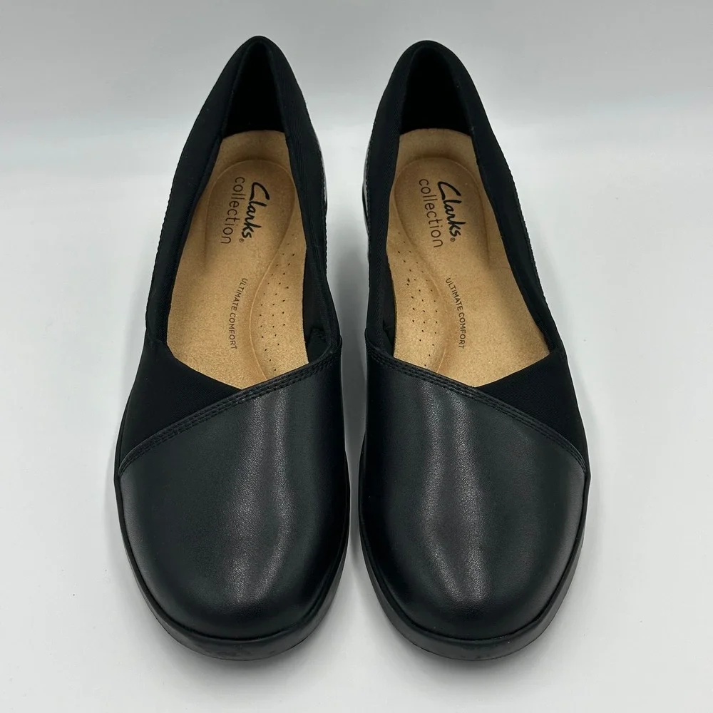NWD Clarks Suttyn Walk Black Leather Wedge Slip On Shoes Womens Size 8.5 Comfort